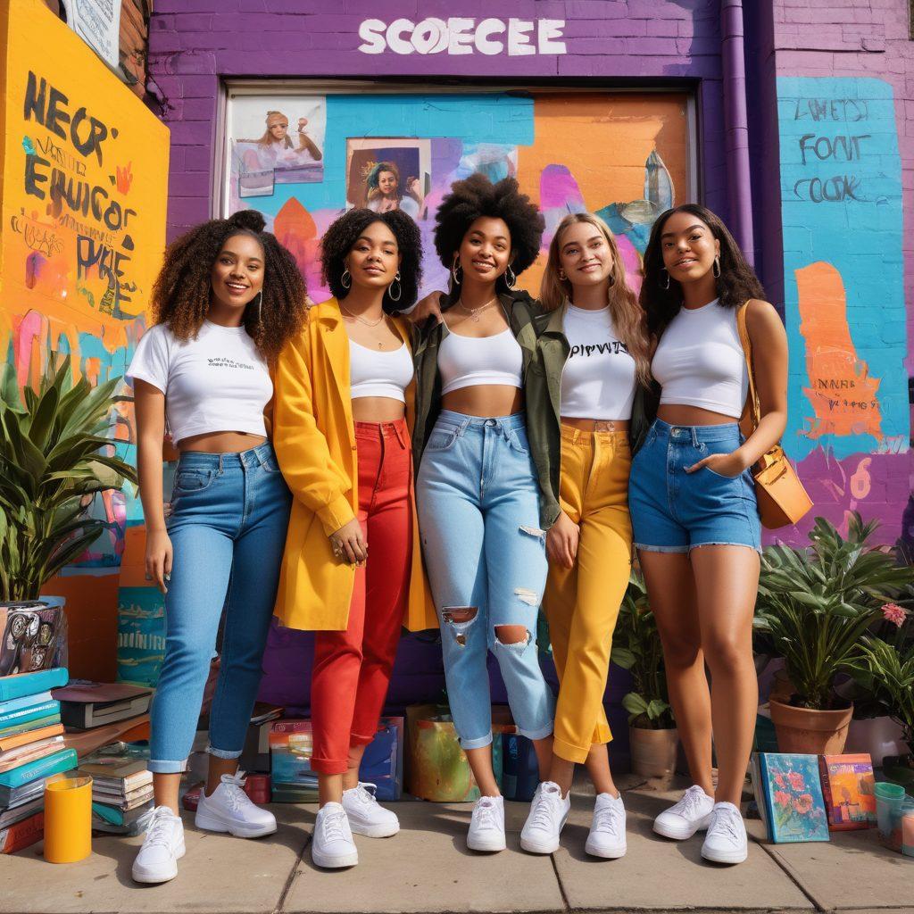 A stylish, diverse group of Gen Z individuals showcasing vibrant and trendy fashion in an urban setting, surrounded by elements of self-care like books, plants, and art supplies. The background features colorful street art and motivational quotes. The scene conveys a sense of positivity, energy, and personal growth. super-realistic. vibrant colors. urban aesthetic.