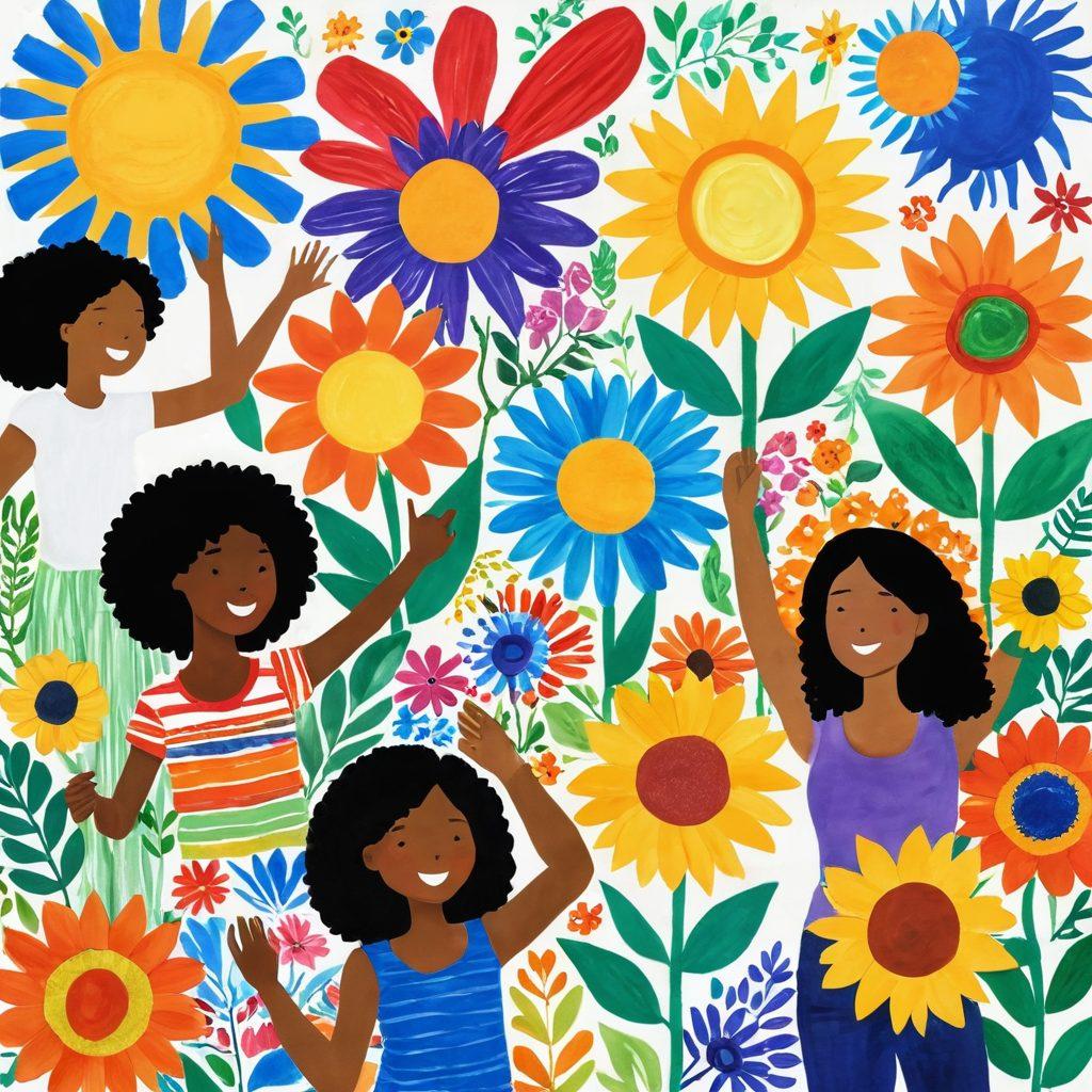 A vibrant collage showcasing diverse teens engaged in various forms of self-expression, like art, music, and dance. Include elements symbolizing personal growth, such as blooming flowers and rising suns. Create a warm, inviting environment with bright colors and playful textures to represent connections and friendships. Illustrate activities like group discussions, painting murals, and playing instruments, capturing joy and spontaneity. super-realistic. vibrant colors. white background.