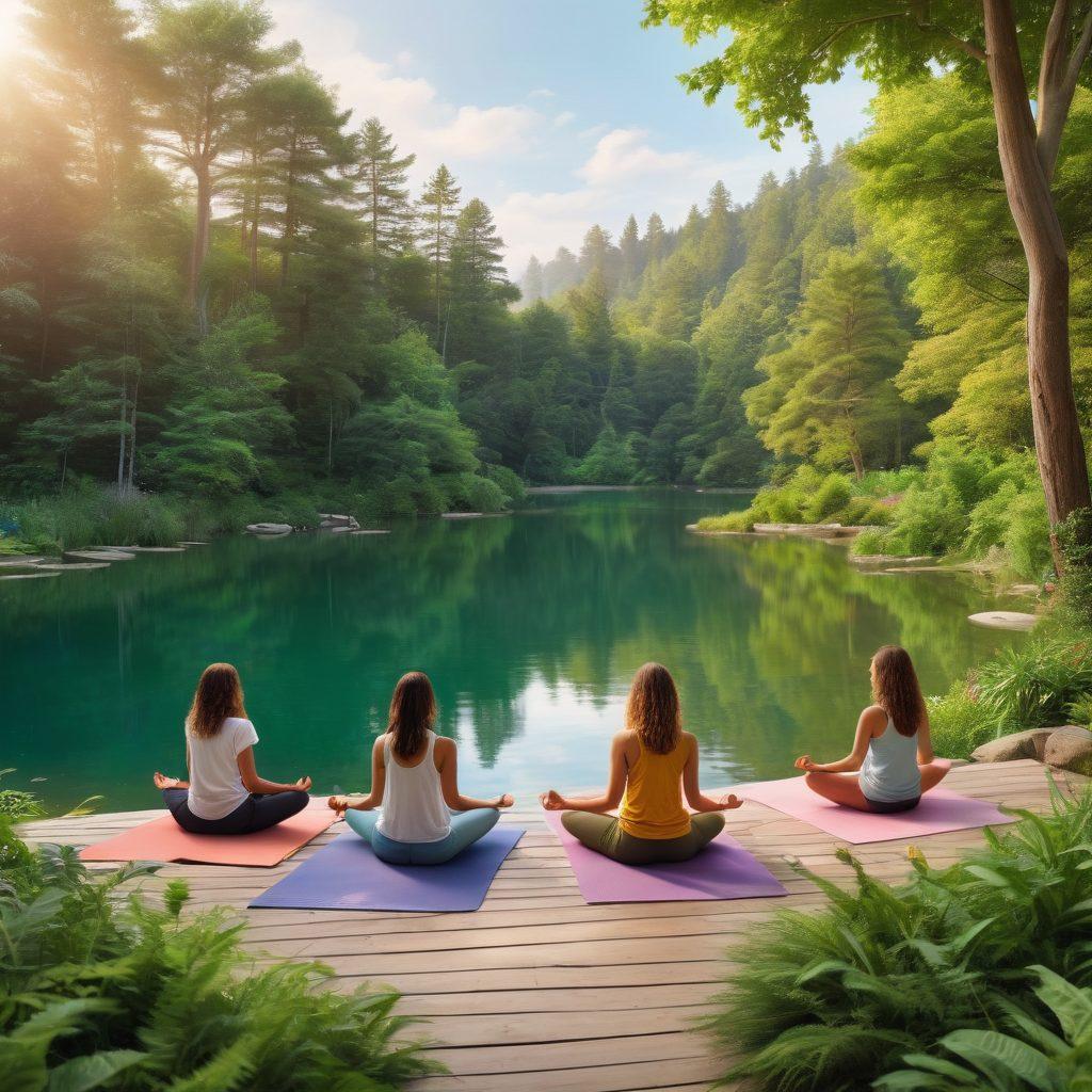 A serene outdoor scene featuring diverse Gen Z individuals practicing mindfulness, surrounded by lush greenery and calming nature. Include elements like yoga mats, meditation cushions, and a tranquil lake in the background. Capture moments of laughter and connection among friends, symbolizing positive living. Emphasize vibrant colors that evoke peace and joy. super-realistic. vibrant colors. natural setting.